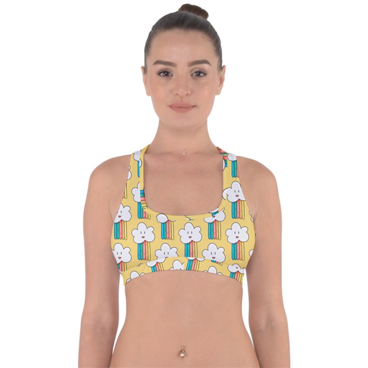 Smile Cloud Rainbow Pattern Yellow Cross Back Hipster Bikini Top 