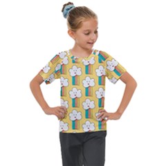 Smile Cloud Rainbow Pattern Yellow Kids  Mesh Piece Tee