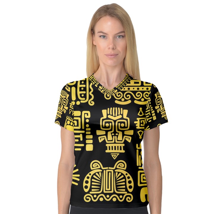 American Golden Ancient Totems V-Neck Sport Mesh Tee