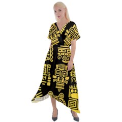 American Golden Ancient Totems Cross Front Sharkbite Hem Maxi Dress by Vaneshart