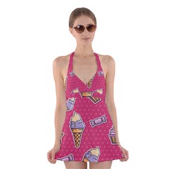 Seamless Pattern Patches With Ice Cream Halter Dress Swimsuit  by Vaneshart