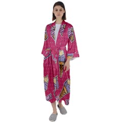 Seamless Pattern Patches With Ice Cream Maxi Satin Kimono by Vaneshart