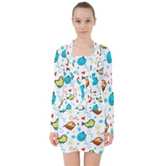 Birds Pattern Design V-neck Bodycon Long Sleeve Dress by Vaneshart