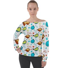 Birds Pattern Design Off Shoulder Long Sleeve Velour Top