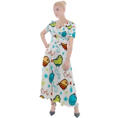 Birds Pattern Design Button Up Short Sleeve Maxi Dress