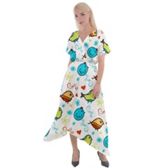 Birds Pattern Design Cross Front Sharkbite Hem Maxi Dress