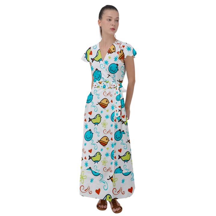 Birds Pattern Design Flutter Sleeve Maxi Dress