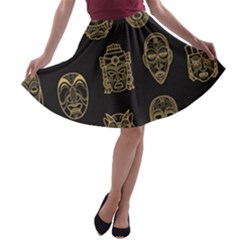 Indian Aztec African Historic Tribal Mask Seamless Pattern A-line Skater Skirt by Vaneshart