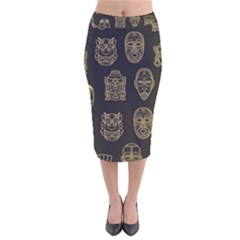 Indian Aztec African Historic Tribal Mask Seamless Pattern Velvet Midi Pencil Skirt by Vaneshart