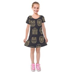 Indian Aztec African Historic Tribal Mask Seamless Pattern Kids  Short Sleeve Velvet Dress by Vaneshart