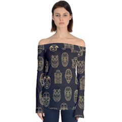 Indian Aztec African Historic Tribal Mask Seamless Pattern Off Shoulder Long Sleeve Top by Vaneshart