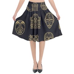 Indian Aztec African Historic Tribal Mask Seamless Pattern Flared Midi Skirt by Vaneshart