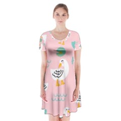 Cute Happy Duck Gift Card Design Seamless Pattern Template Short Sleeve V-neck Flare Dress by Vaneshart