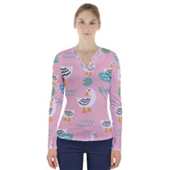 Cute Happy Duck Gift Card Design Seamless Pattern Template V-neck Long Sleeve Top by Vaneshart