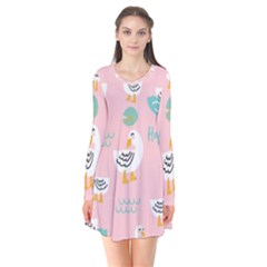 Cute Happy Duck Gift Card Design Seamless Pattern Template Long Sleeve V-neck Flare Dress