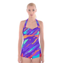 Multicolored Abstract Background Boyleg Halter Swimsuit  by Vaneshart