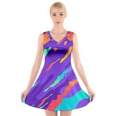 Multicolored Abstract Background V-neck Sleeveless Dress by Vaneshart