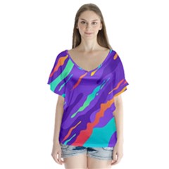 Multicolored Abstract Background V-neck Flutter Sleeve Top by Vaneshart