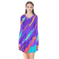 Multicolored Abstract Background Long Sleeve V-neck Flare Dress by Vaneshart