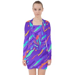 Multicolored Abstract Background V-neck Bodycon Long Sleeve Dress by Vaneshart