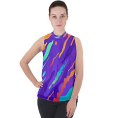 Multicolored Abstract Background Mock Neck Chiffon Sleeveless Top by Vaneshart