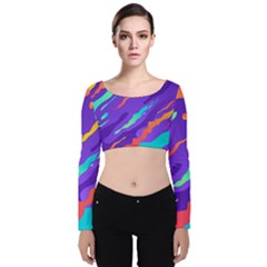 Multicolored Abstract Background Velvet Long Sleeve Crop Top by Vaneshart