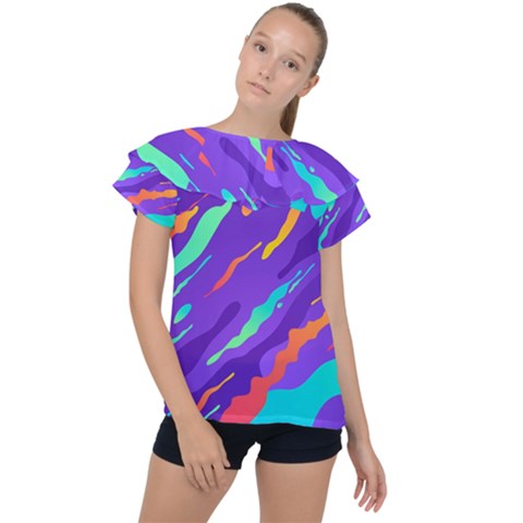 Multicolored Abstract Background Ruffle Collar Chiffon Blouse by Vaneshart