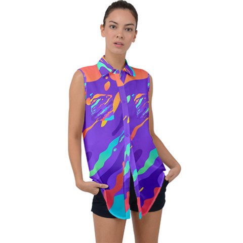 Multicolored Abstract Background Sleeveless Chiffon Button Shirt by Vaneshart