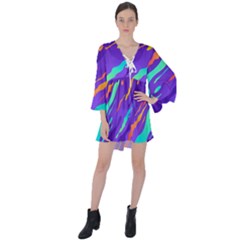 Multicolored Abstract Background V-neck Flare Sleeve Mini Dress by Vaneshart