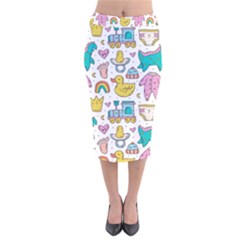 Baby Care Stuff Clothes Toys Cartoon Seamless Pattern Velvet Midi Pencil Skirt by Vaneshart