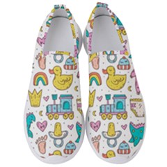 Baby Care Stuff Clothes Toys Cartoon Seamless Pattern Men s Slip On Sneakers by Vaneshart