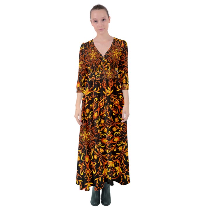 Round Frame Bees Honey Drops Insects Khokhloma Decor Summer Spring Themes Button Up Maxi Dress