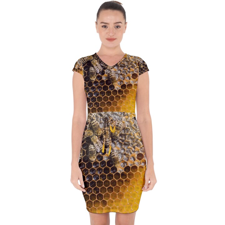 Honeycomb With Bees Capsleeve Drawstring Dress 