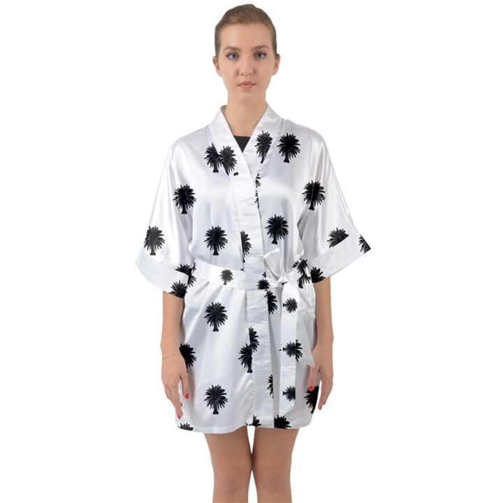 Black And White Tropical Print Pattern Half Sleeve Satin Kimono 