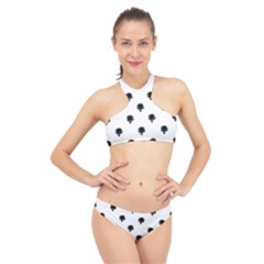 Black And White Tropical Print Pattern High Neck Bikini Set