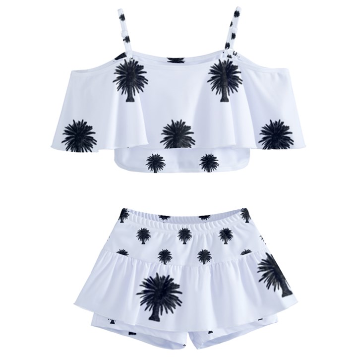 Black And White Tropical Print Pattern Kids  Off Shoulder Skirt Bikini