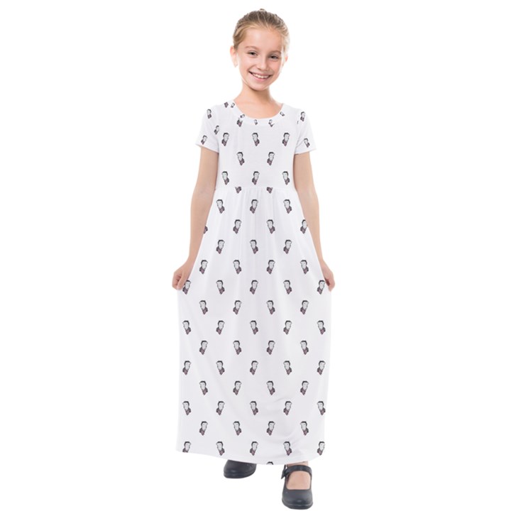 Children With Backpack Cartoon Drawing Print Pattern Kids  Short Sleeve Maxi Dress