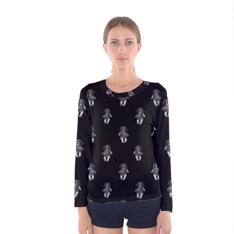 Creepy Skull Doll Motif Print Pattern Women s Long Sleeve Tee by dflcprintsclothing