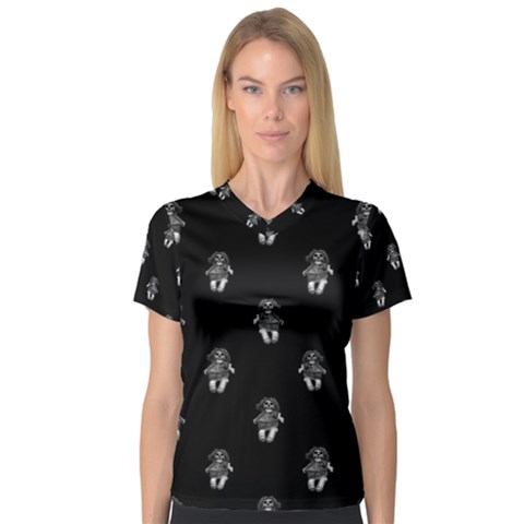 Creepy Skull Doll Motif Print Pattern V-neck Sport Mesh Tee by dflcprintsclothing