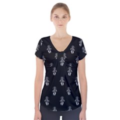 Creepy Skull Doll Motif Print Pattern Short Sleeve Front Detail Top