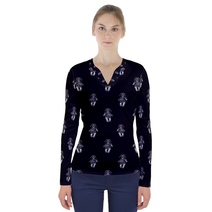 Creepy Skull Doll Motif Print Pattern V-Neck Long Sleeve Top