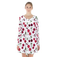 Cute Cherry Pattern Long Sleeve Velvet V-neck Dress