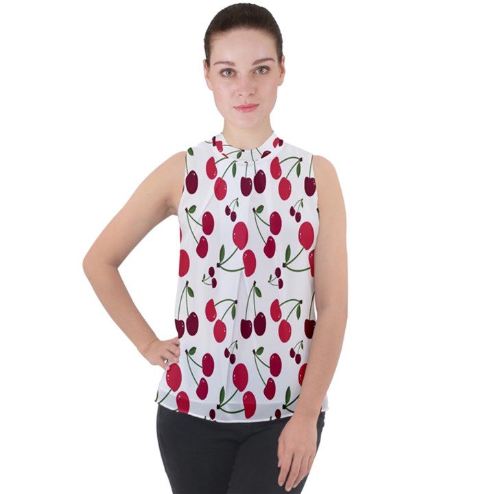 Cute cherry pattern Mock Neck Chiffon Sleeveless Top