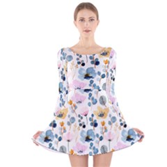 Watercolor Floral Seamless Pattern Long Sleeve Velvet Skater Dress