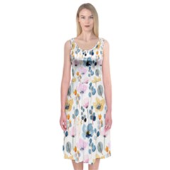 Watercolor Floral Seamless Pattern Midi Sleeveless Dress by TastefulDesigns