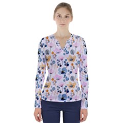 Watercolor Floral Seamless Pattern V-neck Long Sleeve Top by TastefulDesigns