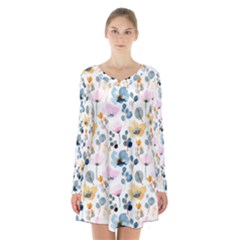 Watercolor Floral Seamless Pattern Long Sleeve Velvet V-neck Dress