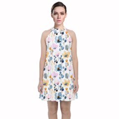 Watercolor Floral Seamless Pattern Velvet Halter Neckline Dress 