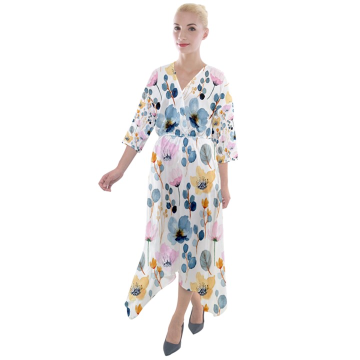 Watercolor Floral Seamless Pattern Quarter Sleeve Wrap Front Maxi Dress