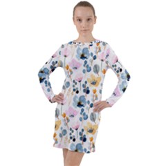 Watercolor Floral Seamless Pattern Long Sleeve Hoodie Dress